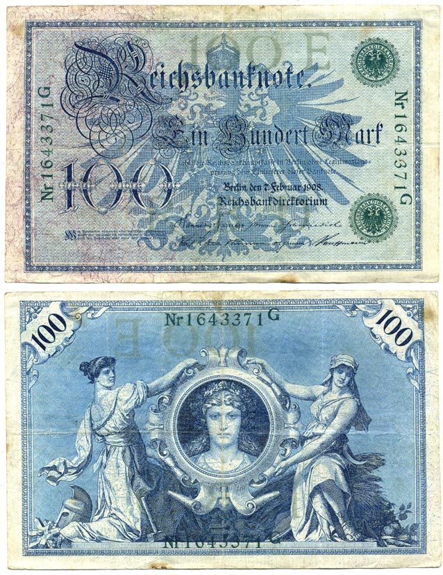 ГЕРМАНИЯ 100 МАРОК 1908 7 ФЕВРАЛЯ 1908, ЗЕЛЕНАЯ ПЕЧАТЬ, РЕПРИНТ (1918-1922) Pick 34 бумага 7523-27-2