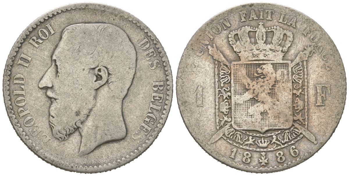 Бельгия 1 франк 1886 DES BELGES, Леопольд II (1865-1909) KM 28 серебро 4543-1143