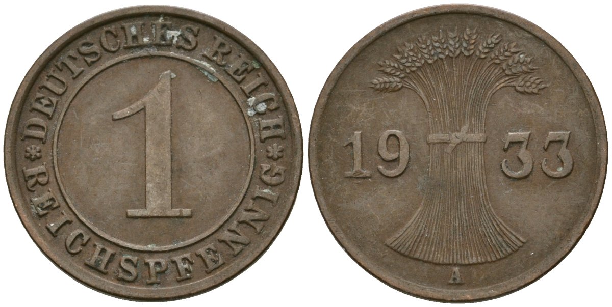 Германия 1 рейхспфенниг 1933 A KM 37, J. 313 бронза 4189-1161