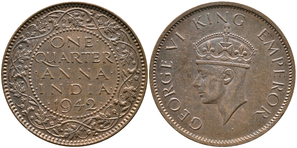 Британская Индия 1/4 анна 1942 Георг VI (1937-1952) KM 531 бронза aUNC 4178-441