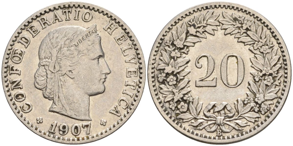Швейцария 20 раппенов 1907 B KM 29 никель 4606-741