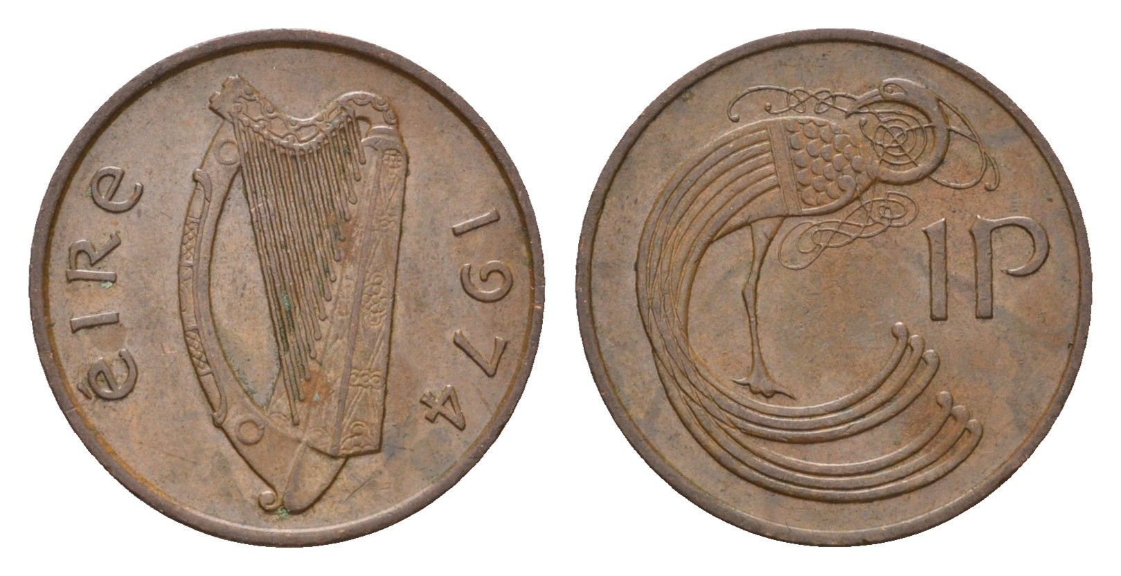 Ирландия 1 пенни 1974 мифологическая птица лира KM 20 бронза 4690-356