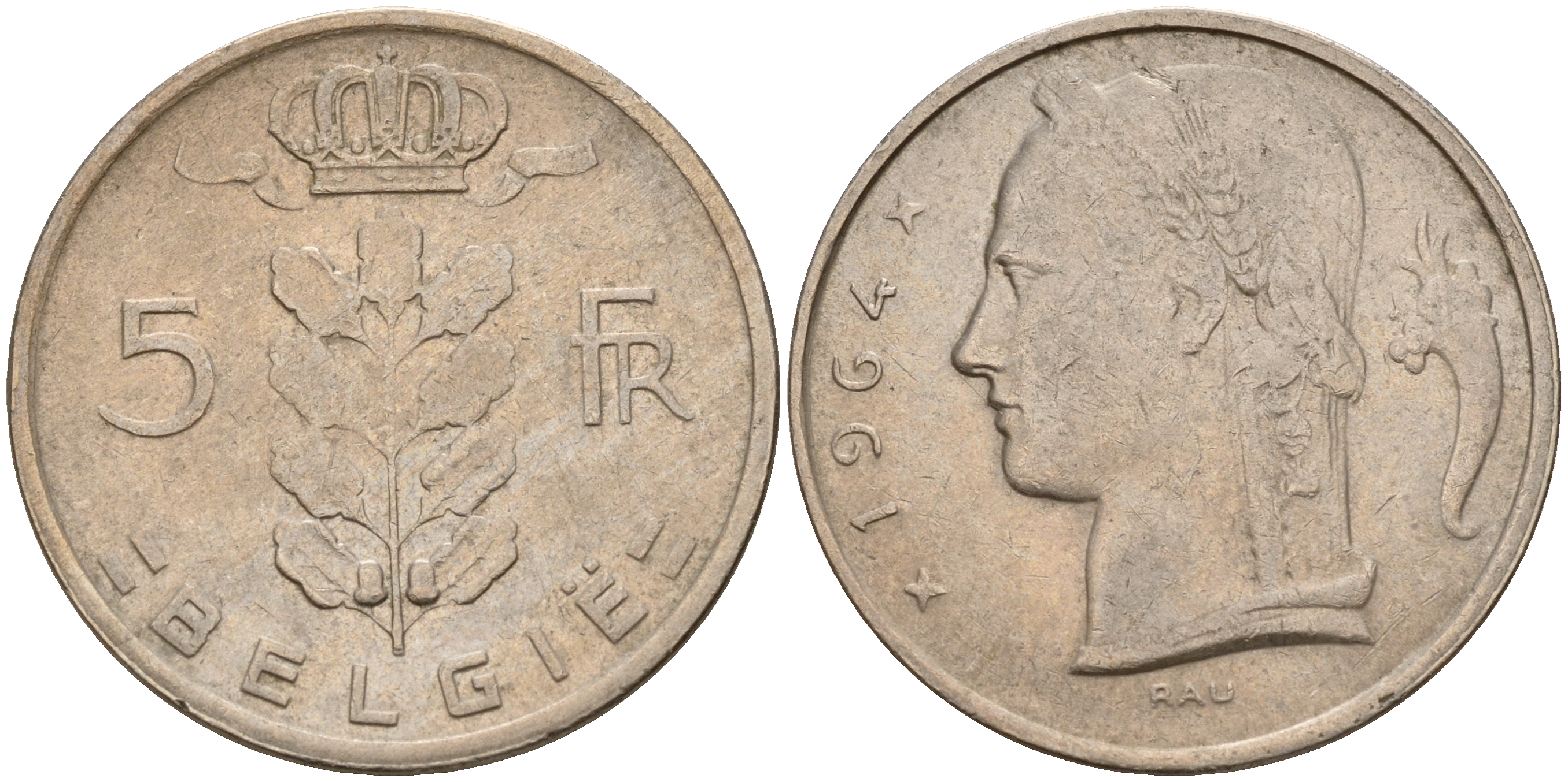 Бельгия 5 франков 1964 Belgie, Бодуэн I (1951-1993) KM 135.1 медно-никель 4187-256