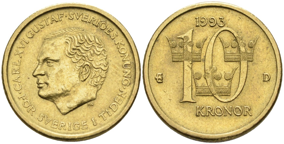Швеция 10 крон 1993 B, Карл XVI Густав (1973- ) KM 877 медь алюминий цинк UNC 4592-215