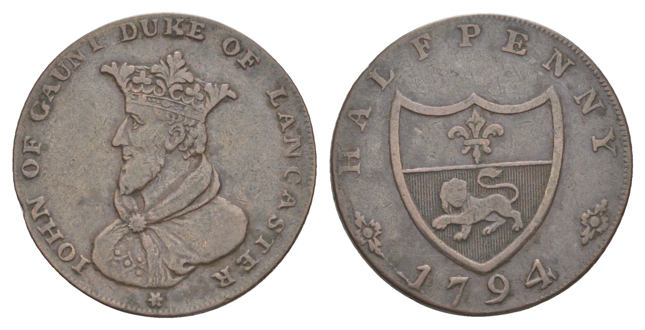 Великобритания, Ланкашир, Ланкастер 1/2 пенни 1794 Джон Гонт Dalton & Hamer 43 медь 1528-1115