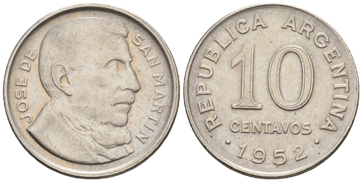 Аргентина 10 сентаво 1952 генерал Хосе де Сан Мартин KM 47, Schon 50 медно-никель    4609-1152