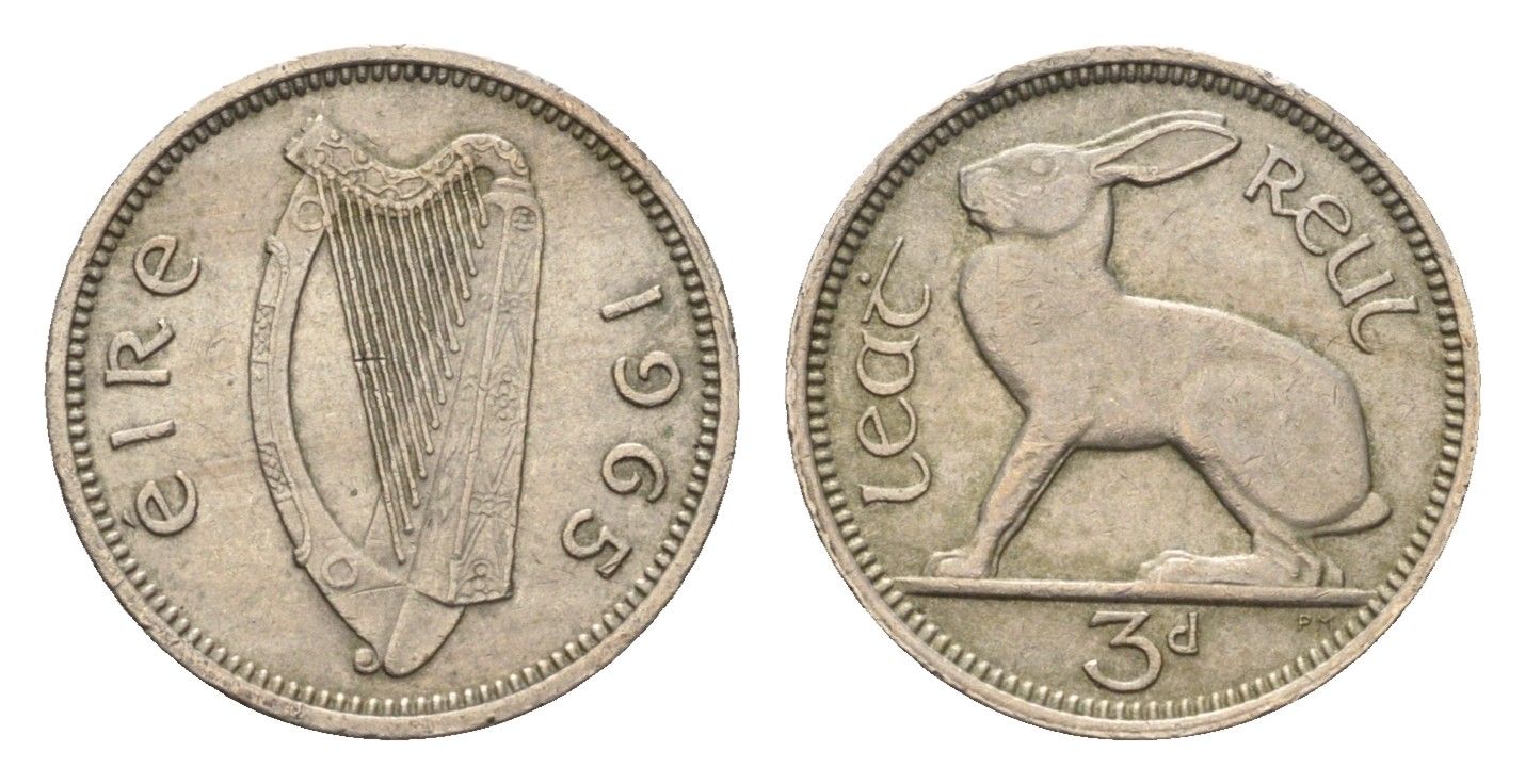 Ирландия 3 пенса 1965 заяц KM 12a медно-никель 4687-929