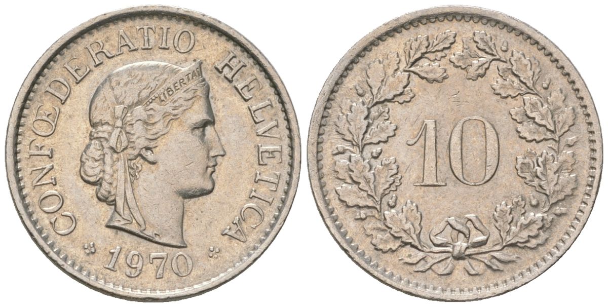 Швейцария 10 раппенов 1970 KM 27 медно-никель 4564-1266