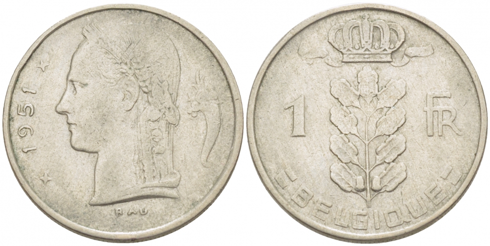 БЕЛЬГИЯ 1 ФРАНК 1952 BELGIQUE KM 142.1 медно-никель 3309-641
