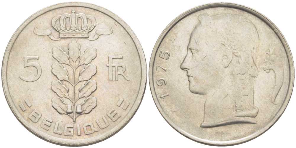 БЕЛЬГИЯ 5 ФРАНКОВ 1975 BELGIQUE, БОДУЭН I (1951-1993) KM 134.1 медно-никель 213-616