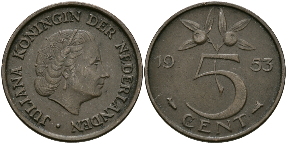 Нидерланды 5 центов 1953 Юлиана (1948-1980) KM 181 бронза 95-256