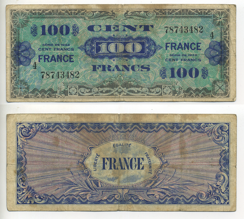 Франция 100 франков 1944 военный выпуск Pick 123 с бумага 7552-1-2