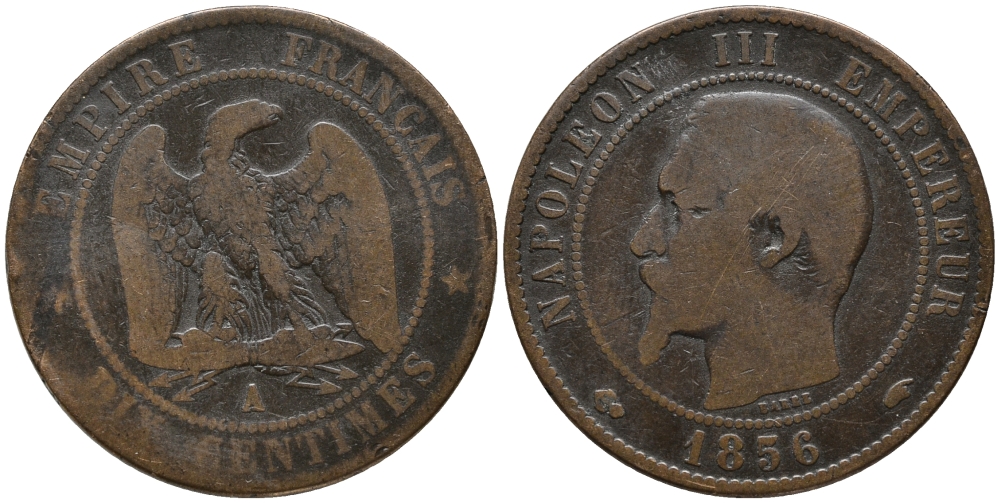 ФРАНЦИЯ 10 САНТИМОВ 1856 А, НАПОЛЕОН III (1852-1870) KM 771.1, LA FRANC 133.32 бронза 32-1016