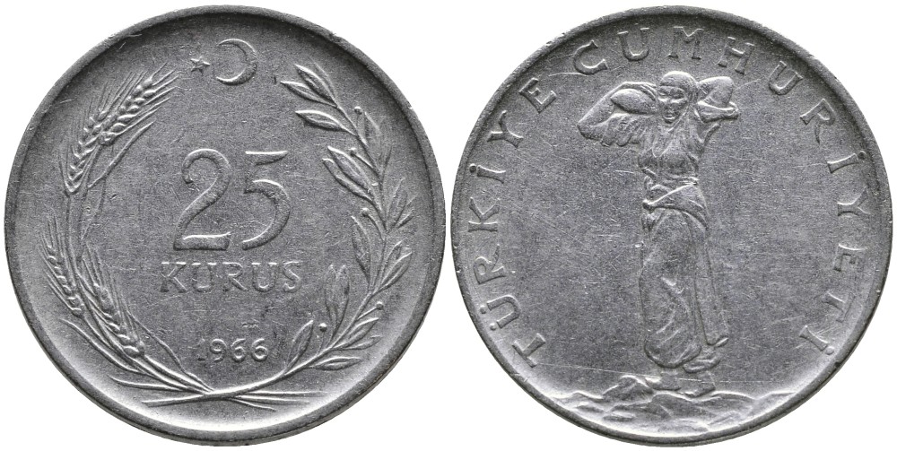Турция 25 курушей 1966 KM 892.2 нержавеющая сталь 4541-553
