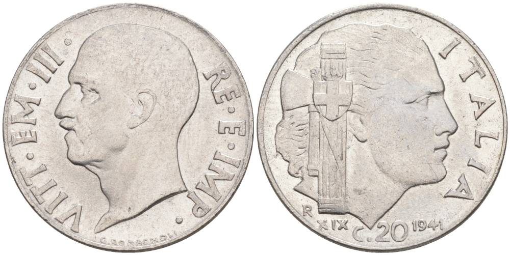 ИТАЛИЯ 20 ЧЕНТЕЗИМО 1941 R, ГОД XIX, ВИКТОР ЭММАНУИЛ III (1900-1946) KM 75b, VEM3. 1028 нержавеющая сталь 3853-926