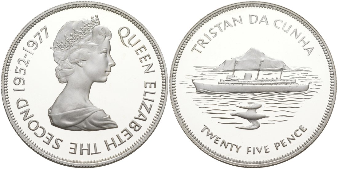 Тристан-да-Кунья 25 пенсов 1977 25 лет правления Елизаветы II, в оригинальной коробке KM 1а серебро PROOF 00-00