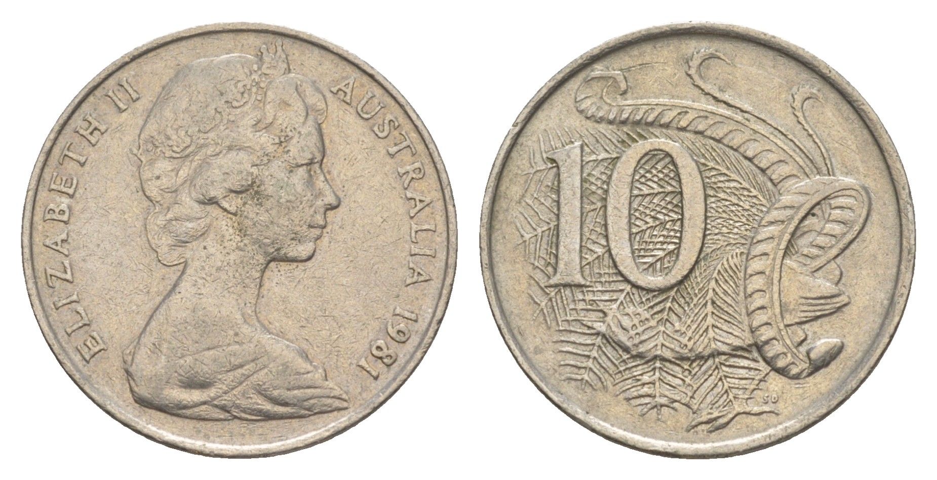 Австралия 10 центов 1981 Елизавета II (1952-2022), птица лирахвост KM 65 медно-никель 4525-433