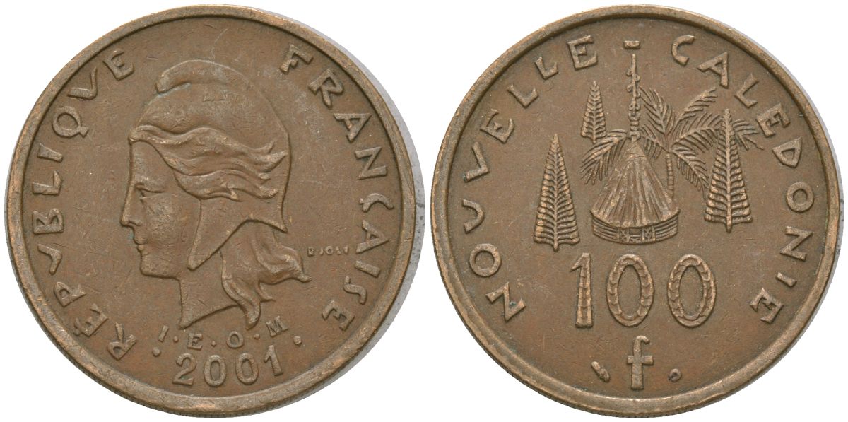 Французская Новая Каледония 100 франков 2001 хижина среди сосен и пальм, (IEOM) KM 15, Schoen 16, Lec 139e никель латунь 4144-1222