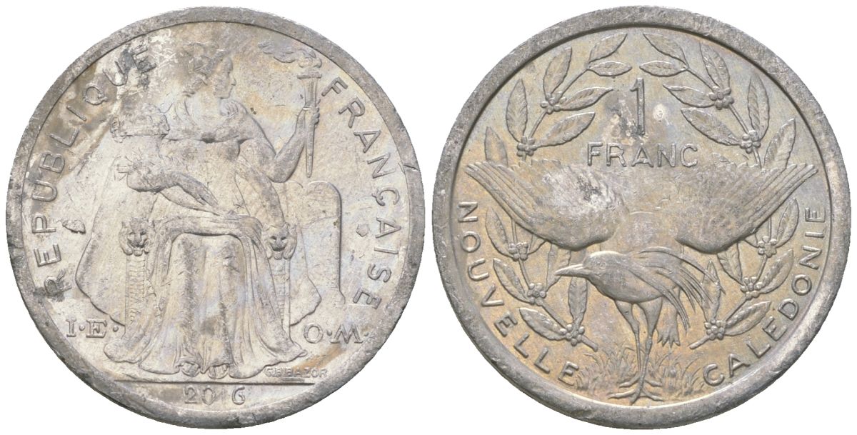 Французская Новая Каледония 1 франк 2016 птица кагу, (IEOM) KM 10, Schoen 10 алюминий 33-1023