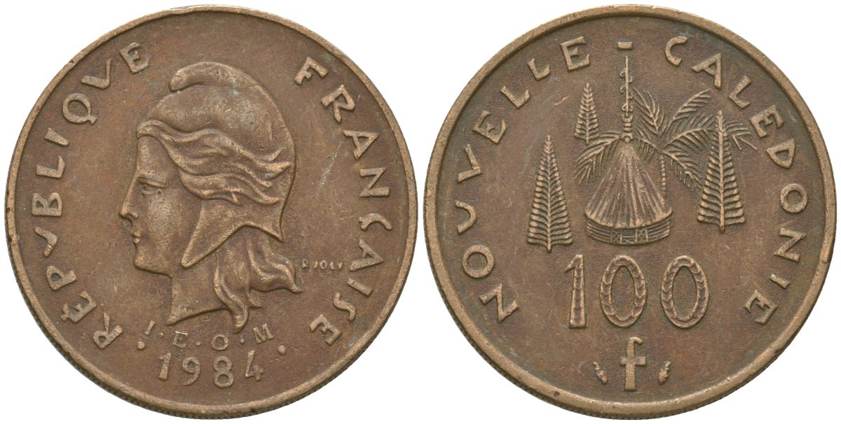 Французская Новая Каледония 100 франков 1984 хижина среди сосен и пальм, (IEOM) KM 15, Schoen 16, Lec 134 никель бронза 88-431