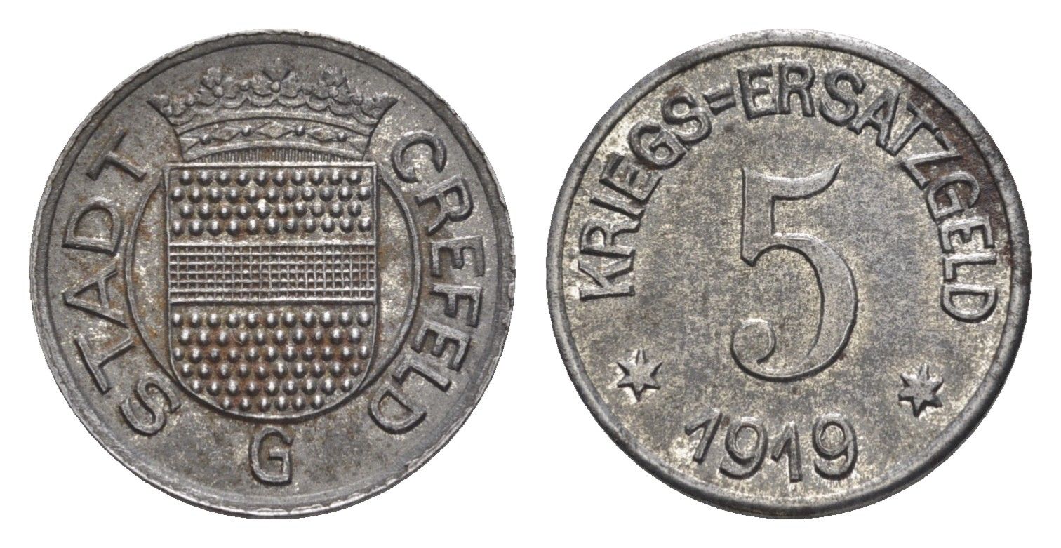 Крефельд 5 пфеннигов 1919 Funck 84.8 железо UNC 4528-156