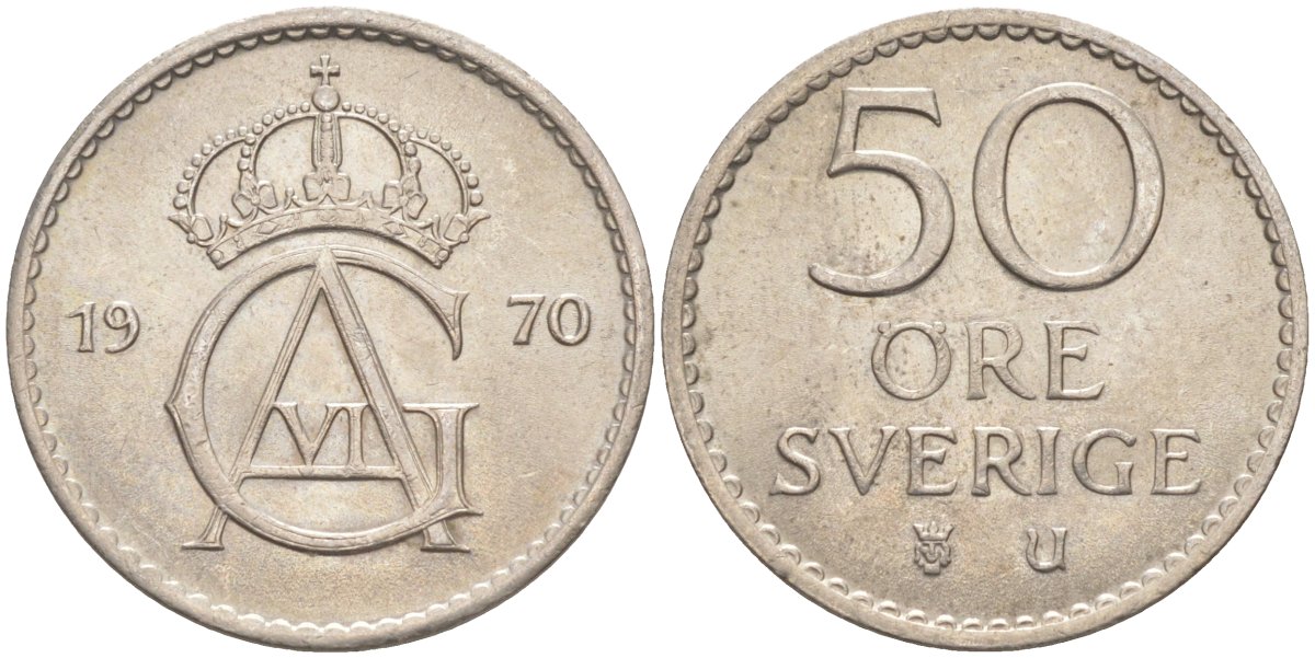 Швеция 50 эре 1970 U, Густав VI Адольф(1950-1973) KM 837 медно-никель 219-942