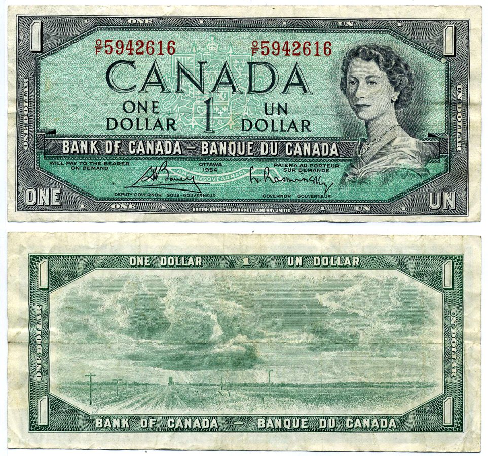 Канада 1 доллар 1954 подписи Bouey & Rasminsky, BABNC Pick 75c бумага 445-71-3-1
