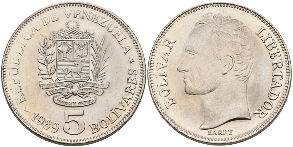 Венесуэла 5 боливарОВ 1989 KM 59.а2 сталь плакированная никелем 189-832