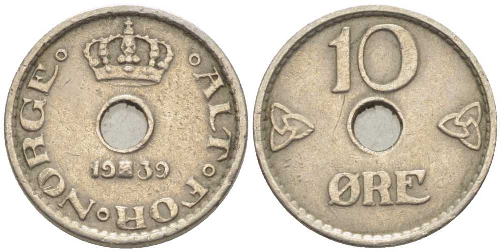 НОРВЕГИЯ 10 ЭРЕ 1939 ХОКОН VII (1905-1957) KM 383 медно-никель 116-1061