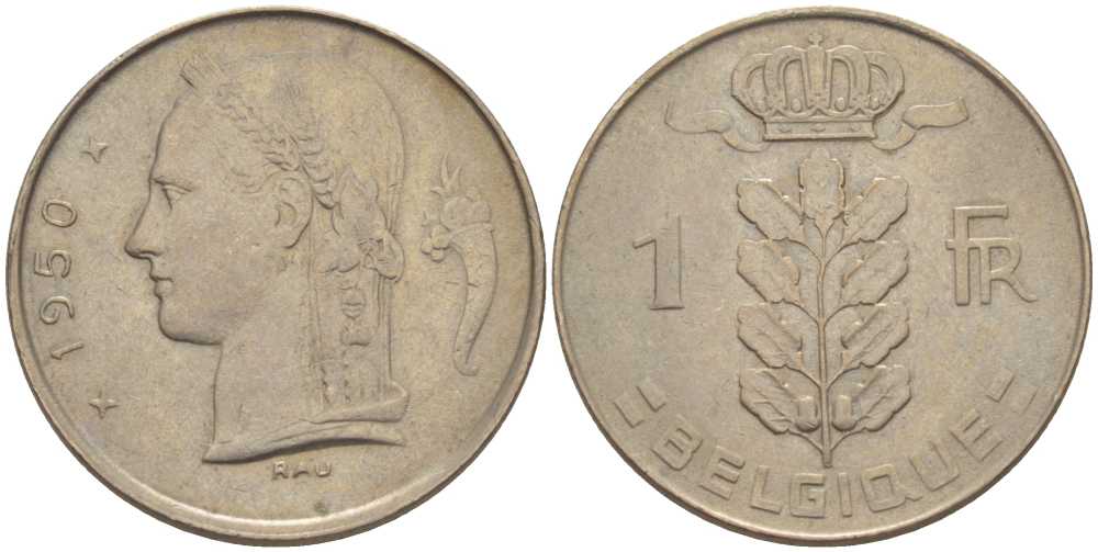 БЕЛЬГИЯ 1 ФРАНК 1950 BELGIQUE, БОДУЭН I (1951-1993) KM 142.1 медно-никель 202-942