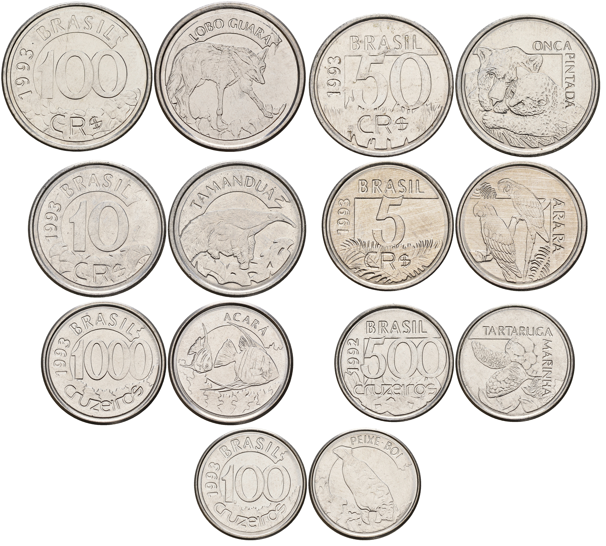 Бразилия лот из 7 монет 1992-1994 (100, 500, 1000 крузейро, 5, 10, 50, 100 крузейро рейс), животные UNC N2-25