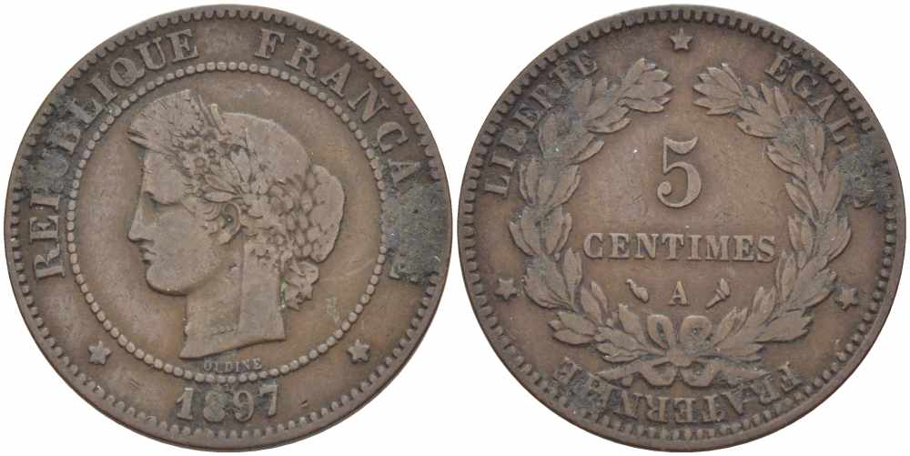 ФРАНЦИЯ 5 САНТИМОВ 1897 А, ТРЕТЬЯ РЕСПУБЛИКА (1871-1940) KM 821.1, LE FRANC 118.41 бронза 108-656