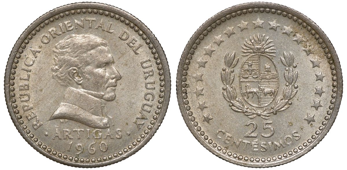 Уругвай 25 сентесимо 1960 KM 40 медно-никель 4169-949