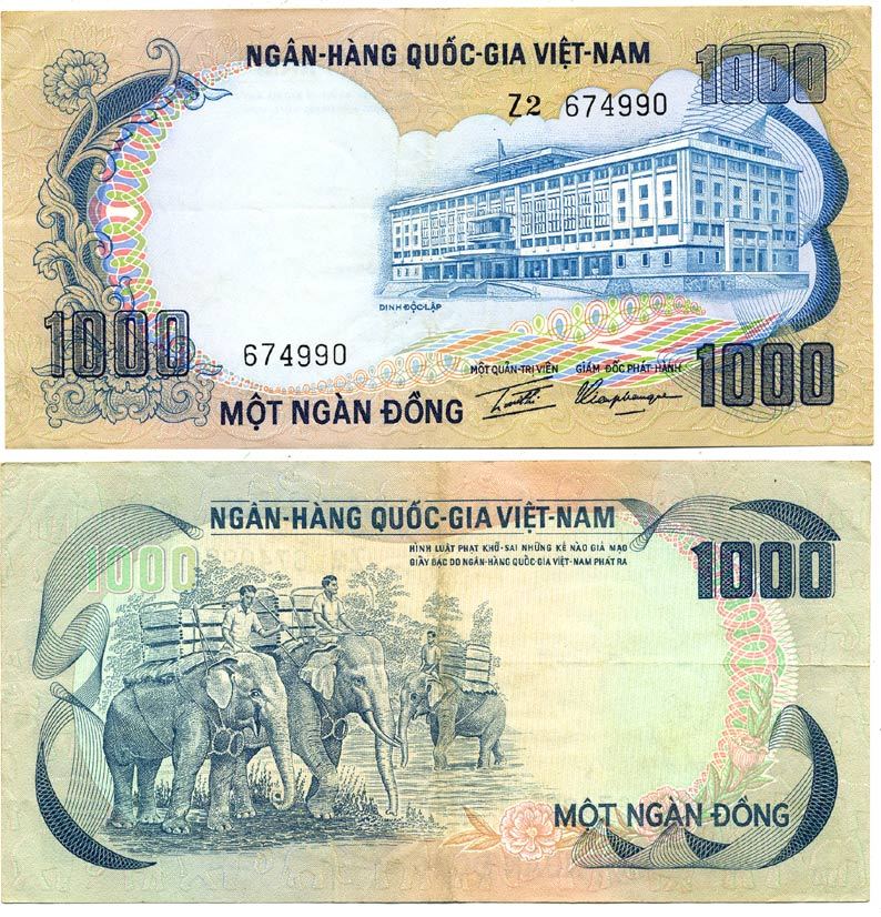 Вьетнам, Южный 1000 донгов 1972 слоны Pick 34а бумага 7547-82-2