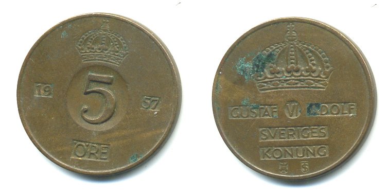 Швеция 5 эре 1957 T;S, Густав VI Адольф (1950-1973) KM 822 бронза 23-112