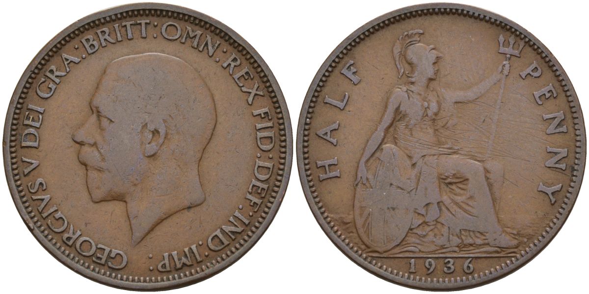 Великобритания 1/2 пенни 1936 Георг V (1910 - 1936) KM 837, Spink 4058 бронза 4153-816