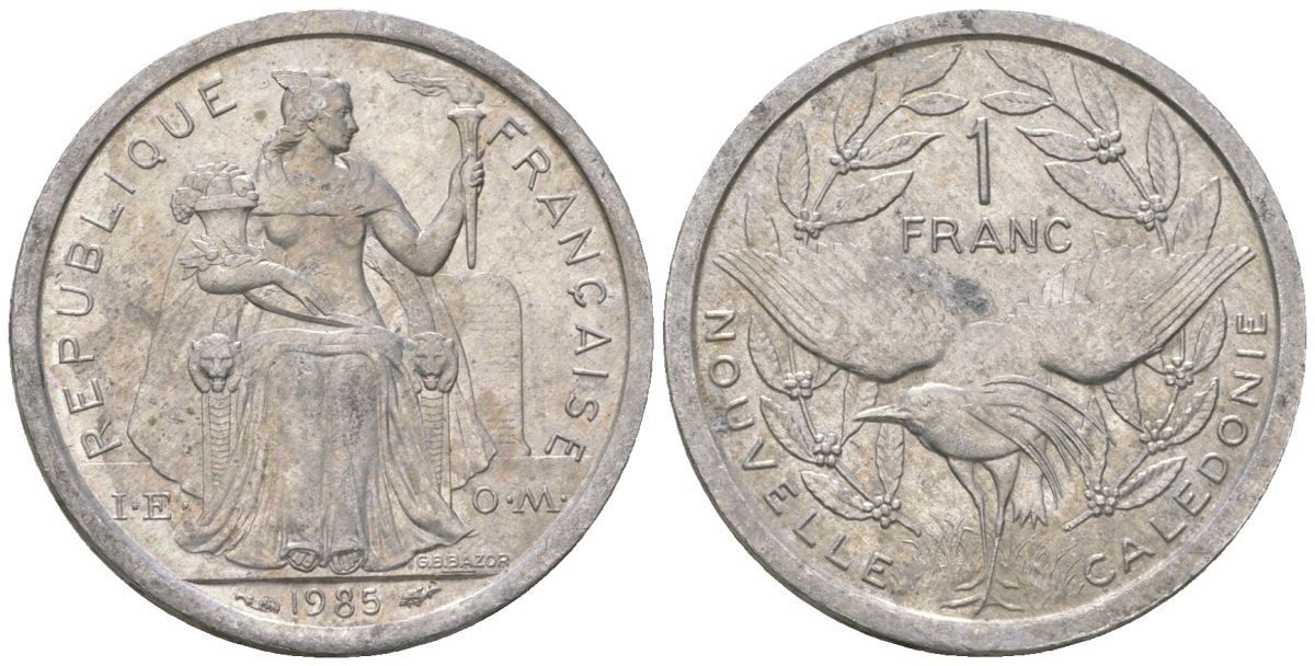 Французская Новая Каледония 1 франк 1985 птица кагу, (IEOM) KM 10, Schoen 10, Lec 47 алюминий 51-2853