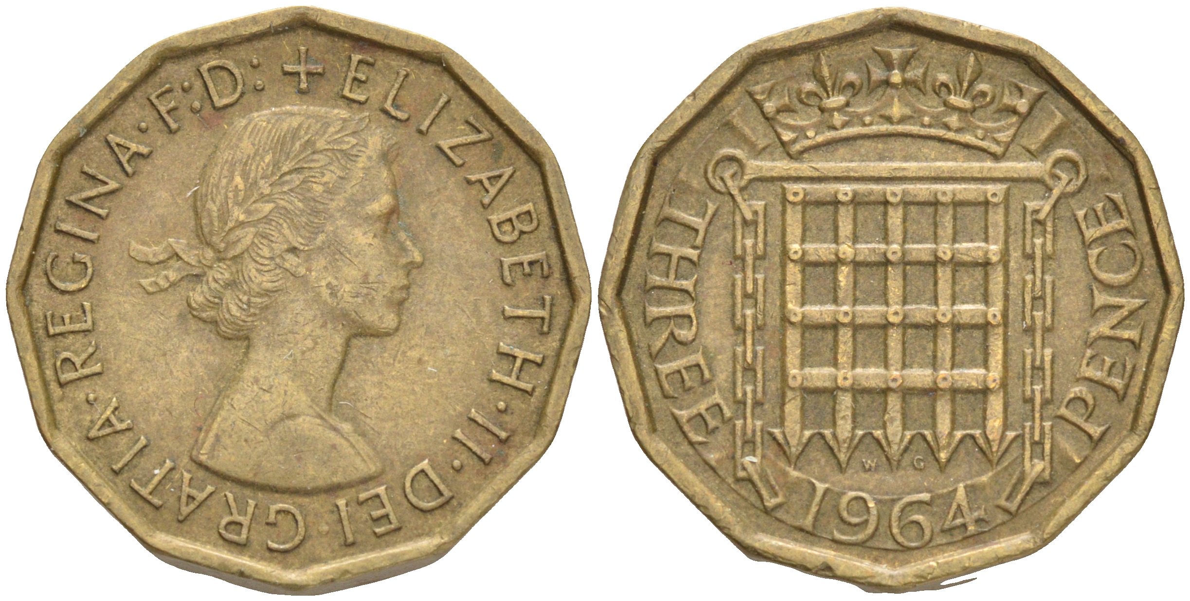 Великобритания 3 пенса 1964 Елизавета II (1952-2022) KM 900, Spink 4153 никель латунь 4556-514