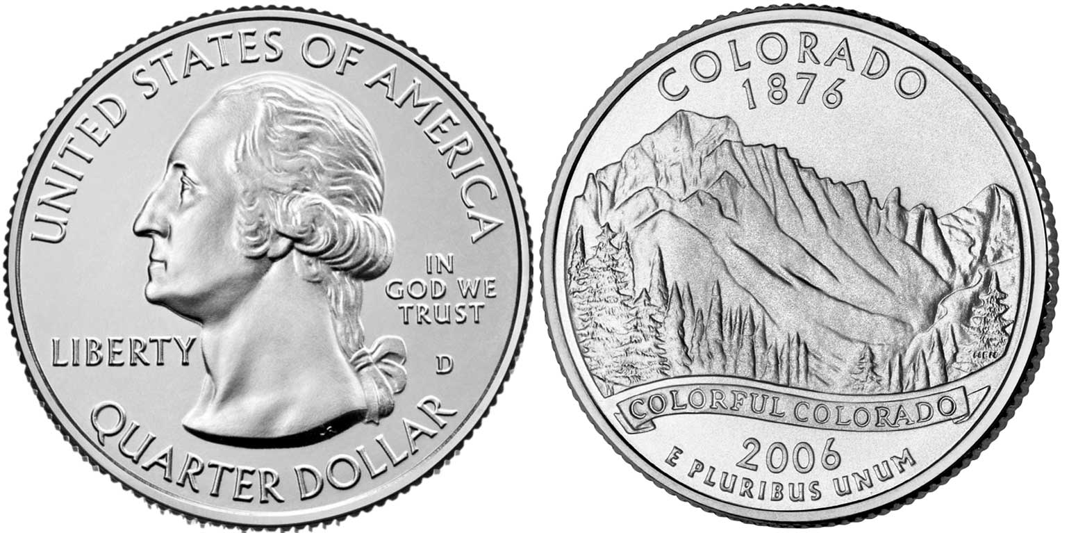 США 25 центов (квотер) 2006 D, серия штаты США, Колорадо KM 384 медь плакированная медно-никелем UNC M8-17