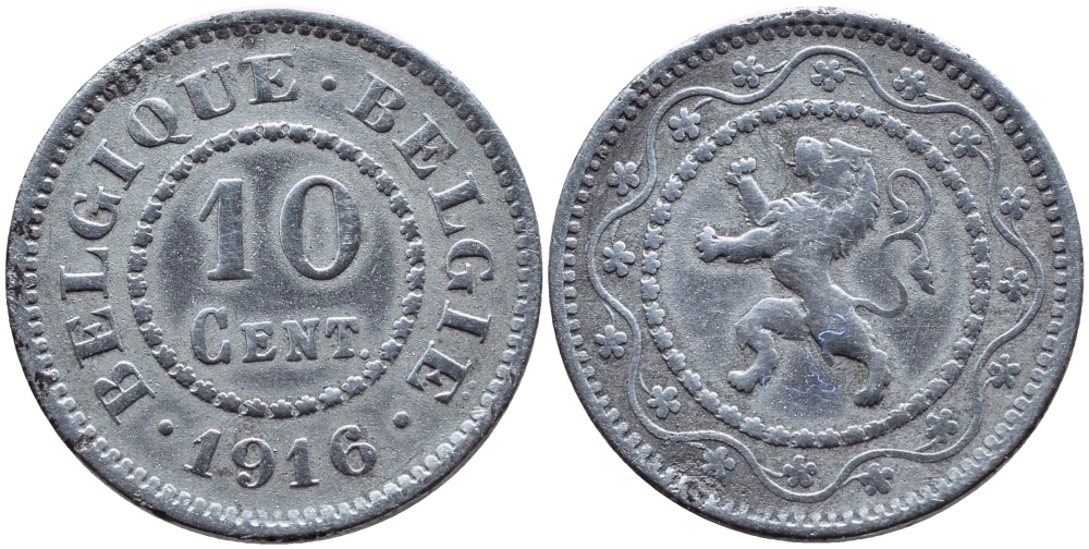 БЕЛЬГИЯ 10 САНТИМОВ 1916 НЕМЕЦКАЯ ОККУПАЦИЯ BELGIQUE BELGIE KM 81 цинк 86-1822