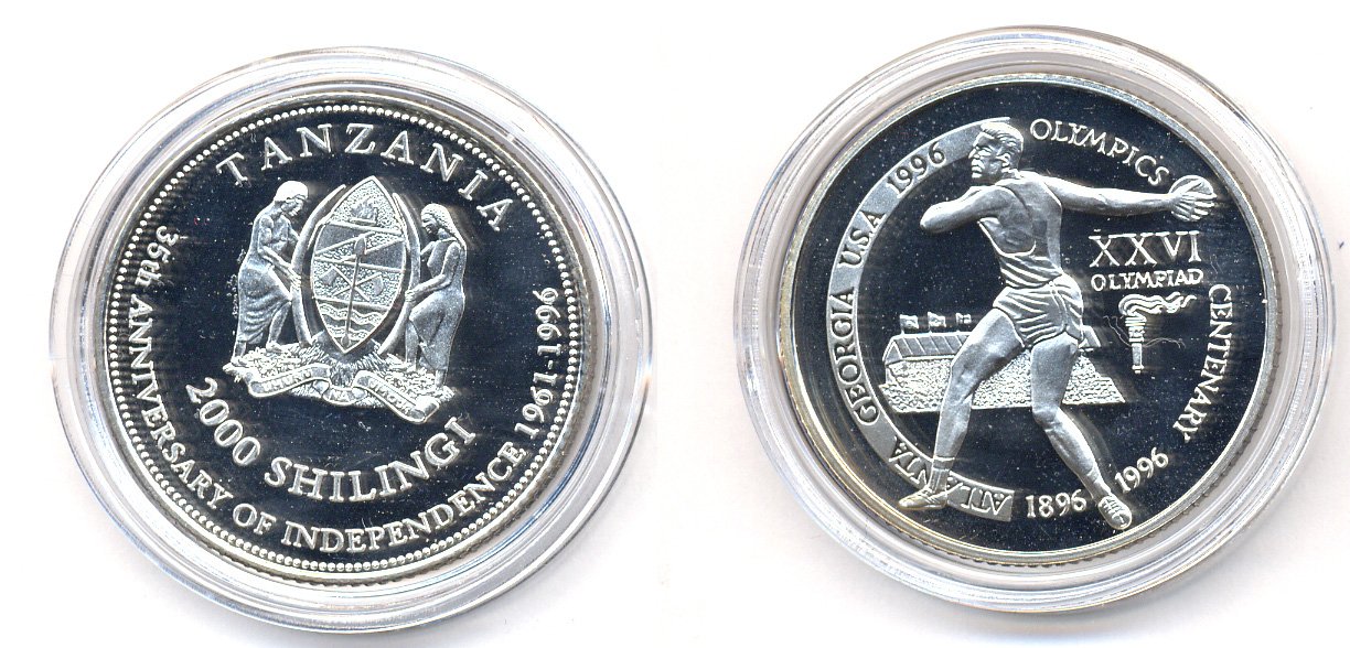Танзания 2000 шиллингов 1996 XXVI Олимпийские игры 1996 года в Атланте, 100 лет Олимпийскому движению, дискобол, пробник, рубчатый гурт серебро PROOF 06-157-34
