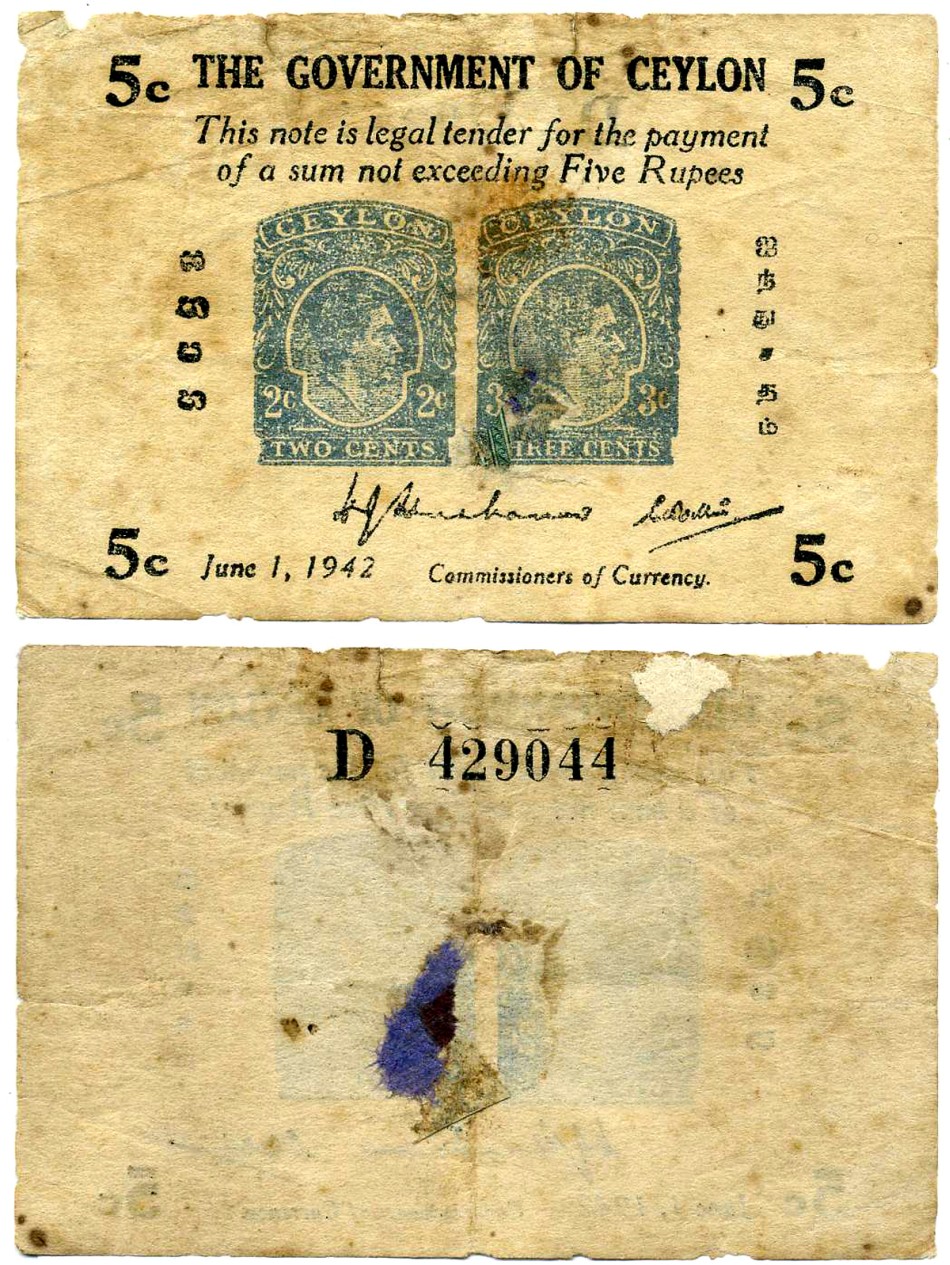 ЦЕЙЛОН 5 ЦЕНТОВ 1942 1 ИЮНЯ 1942, БЕЗ ВЕРТИКАЛЬНОЙ ПЕРФОРАЦИИ В ЦЕНТРЕ Pick 42а бумага 451-407-3