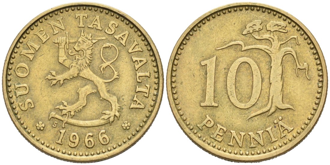 Финляндия 10 пенни 1966 S KM 46 алюминиевая бронза 4567-328