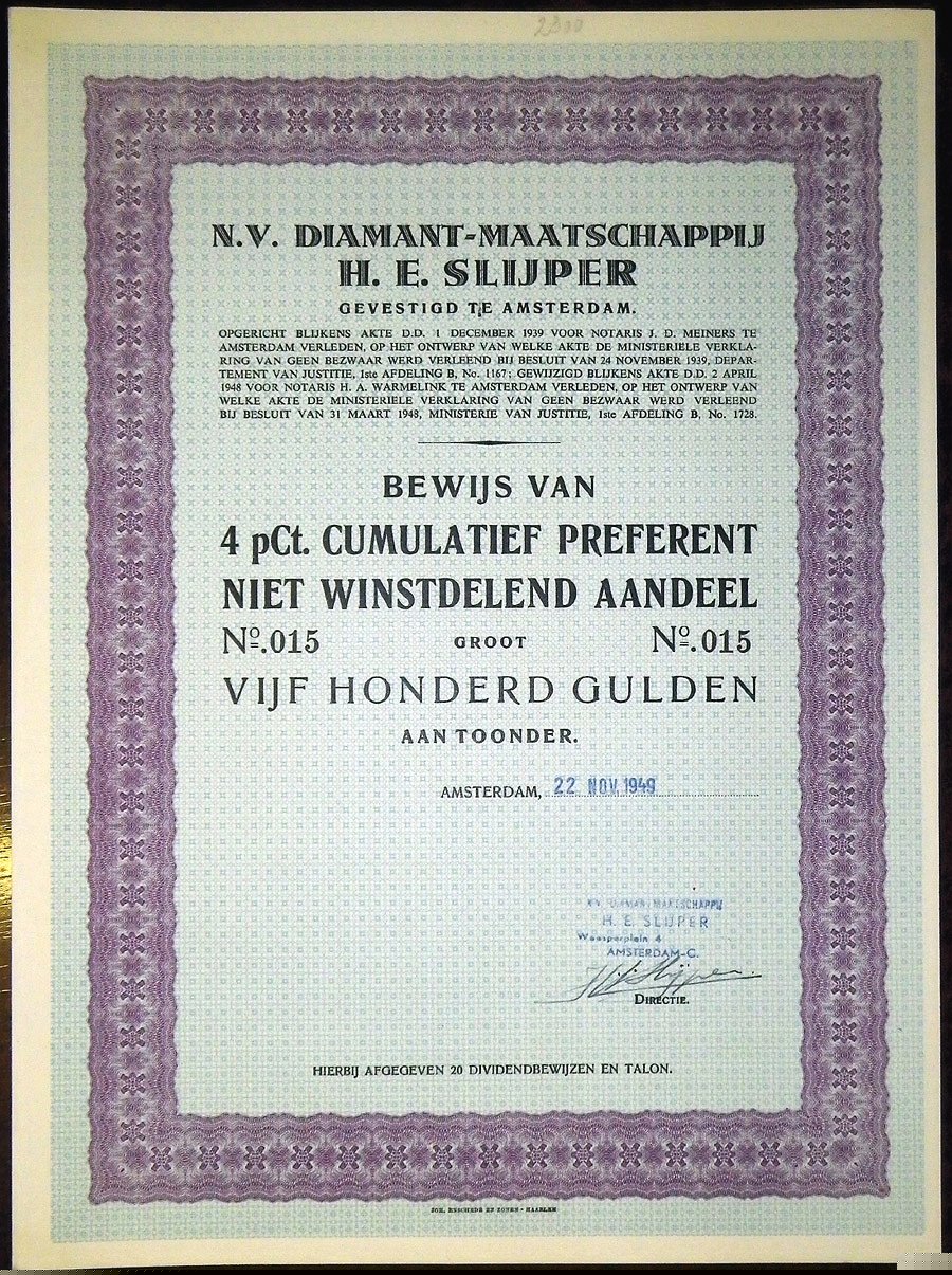 N. V. DIAMANT-MAATSCHAPPIJ H.E. SLIJPER ПРИВИЛЕГИРОВАННАЯ АКЦИЯ В 500 ГУЛЬДЕНОВ 1949 НИДЕРЛАНДЫ бумага 5553-40