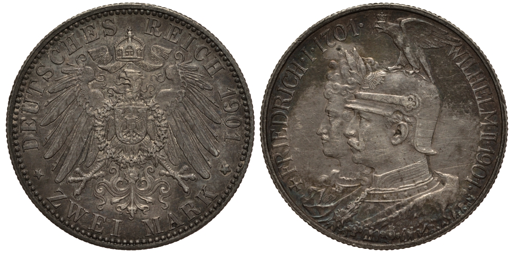 Пруссия 2 марки 1901 A, 200 лет Прусской королевской династии (Фридрих I - Вильгельм II) J.105, Weege 105, KM 525 серебро 3711-1142