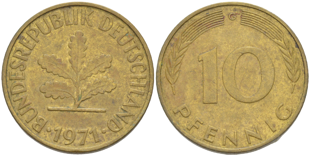 ФРГ 10 ПФЕННИГОВ 1971 G KM 108, J. 383 сталь плакированная латунью 4182-823