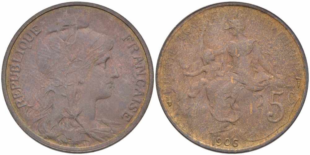 ФРАНЦИЯ 5 САНТИМОВ 1906 ТИП ДАНИЭЛЬ ДЮПЮИ KM 842, LE FRANC 119.16 бронза 108-851
