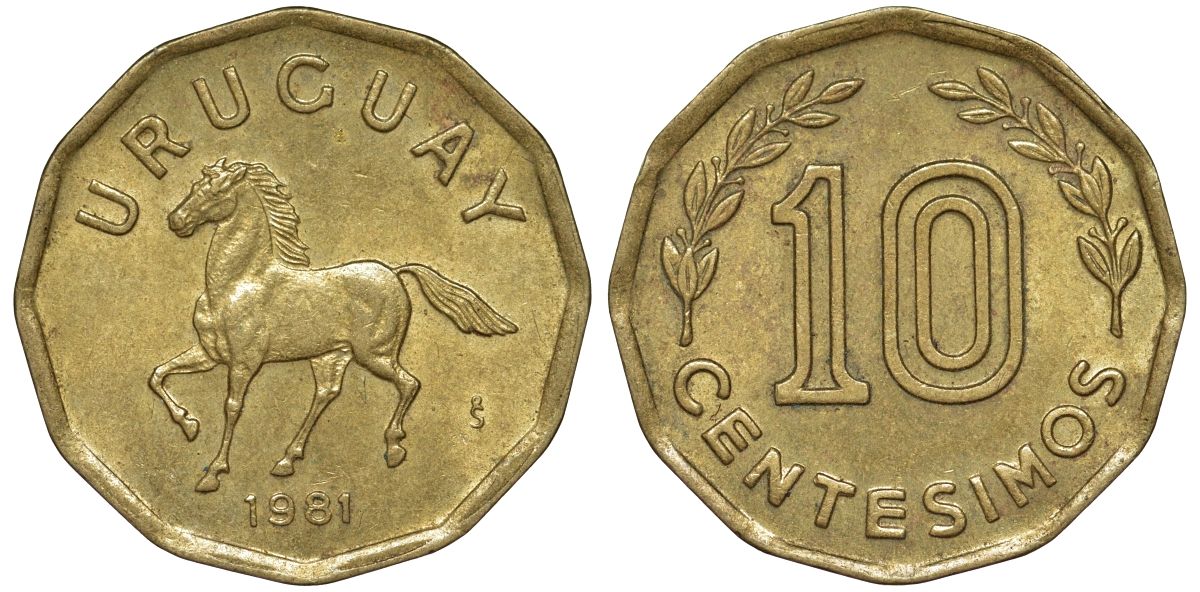 Уругвай 10 сентесимо 1981 KM 66 алюминиевая бронза 4169-549