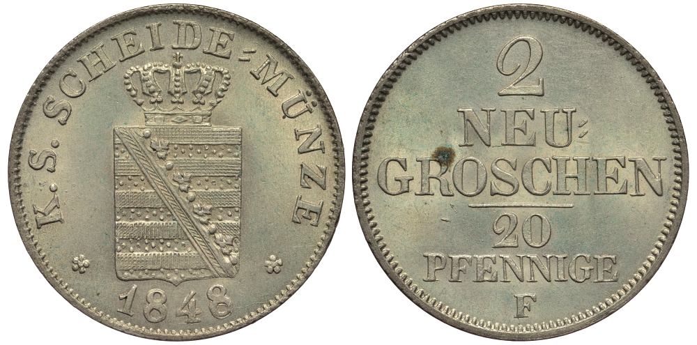 Саксония 2 новых гроша - 20 пфеннигов 1848 Фридрих Август II (1797-1854), из коллекции Gerhart Rother KM 1160, J. 83 серебро UNC 413-4643