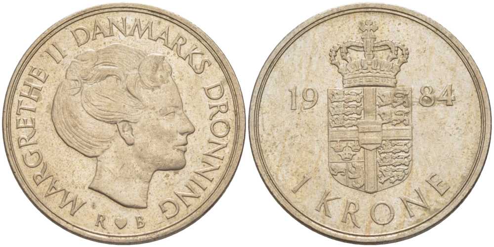 Дания 1 крона 1984 R; B, Маргрете II (1972-) KM 862.3 медно-никель 4388-1251